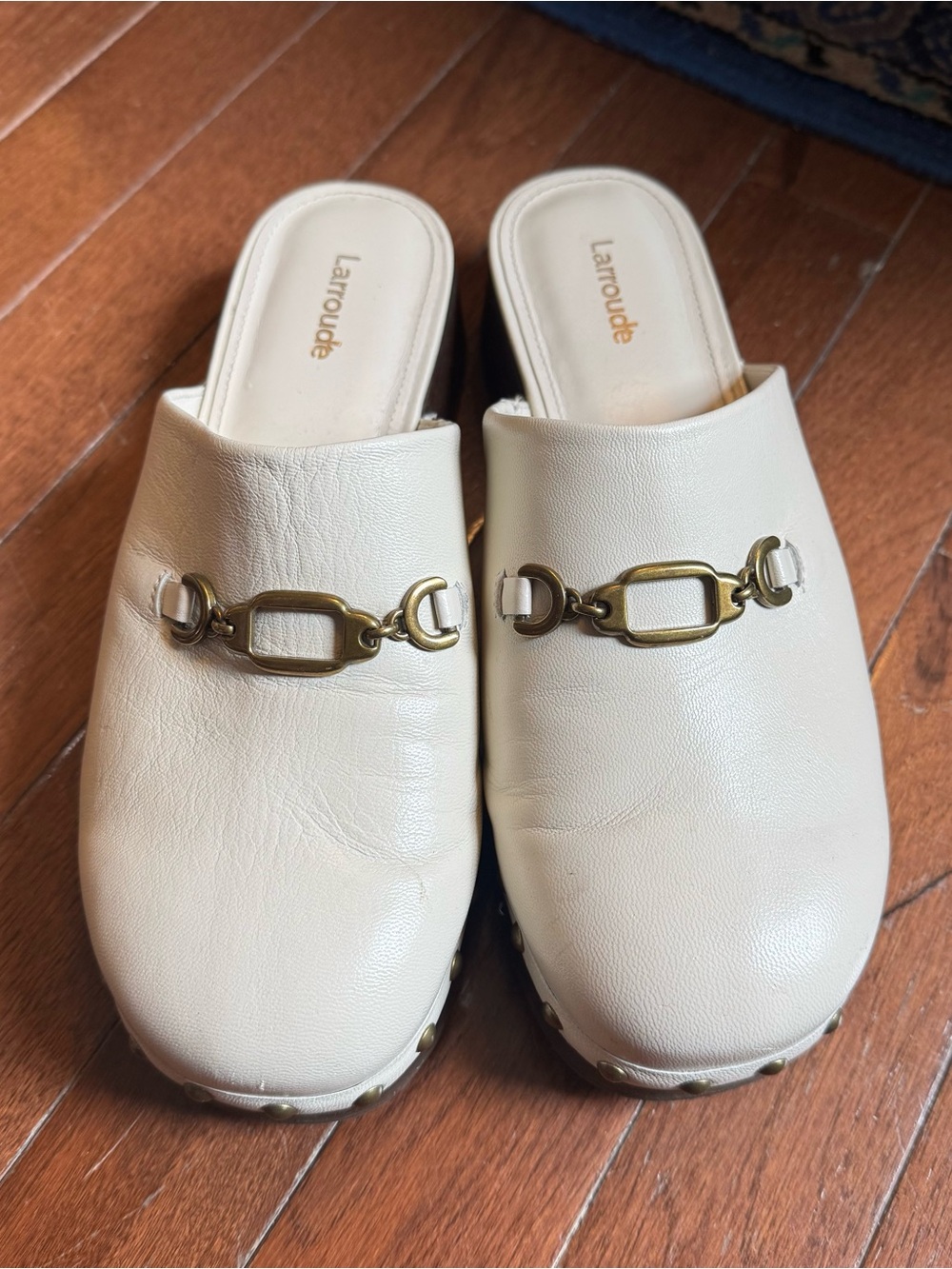 Larroude Cream Leather Slip-On Mules with Gold Hardware